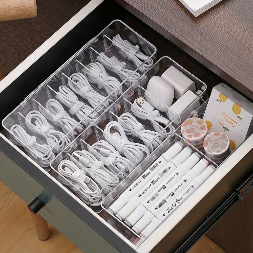 Desk Cable Organizer - กล่องเก็บสายเคเบิลอเนกประสงค์, กล่องเก็บของแบบใสพร้อมสายรัดสำหรับที่ชาร์จ, หูฟัง, กล่องจัดระเบียบลิ้นชักโต๊ะทำงานแบบประหยัดพื้นที่