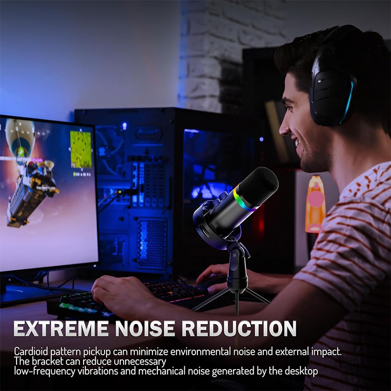 Gaming Microphone - ไมโครโฟนเกมมิ่งแบบ USB พร้อมขาตั้งบูม ระบบตัดเสียงรบกวน ไมโครโฟนคอนเดนเซอร์ RGB